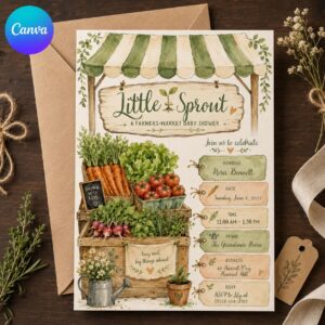 Farmers Market Baby Shower Invitation, Little Sprout Garden Theme Invite, Locally Grown Vegetable Printable, Canva Template