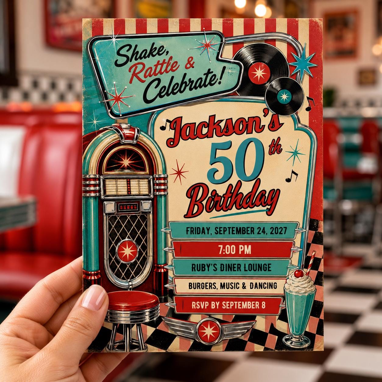 50th Birthday Invitation, Retro Diner Rock and Roll Party Invite, Jukebox 1950s Adult Printable Editable, Canva Template - Image 3