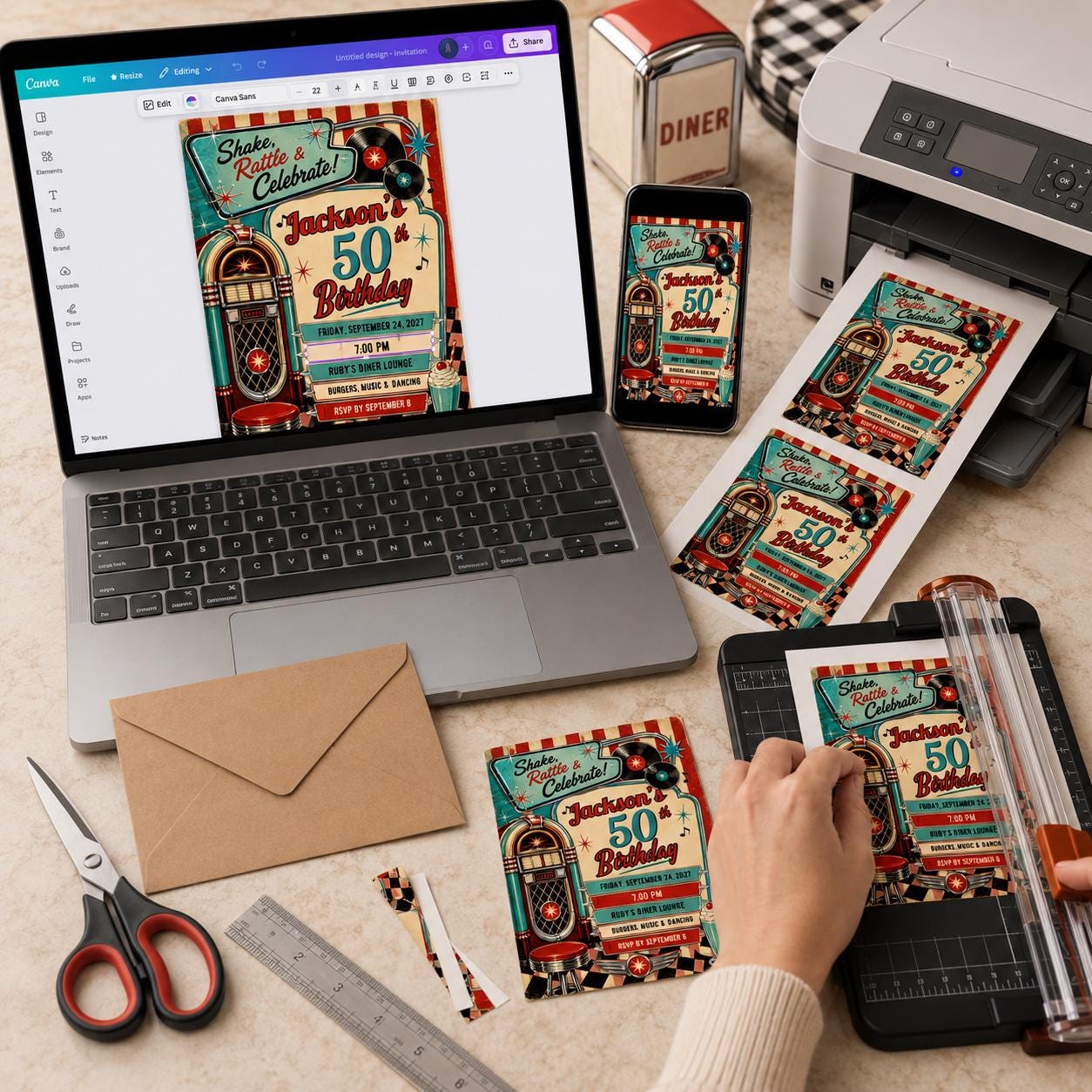 50th Birthday Invitation, Retro Diner Rock and Roll Party Invite, Jukebox 1950s Adult Printable Editable, Canva Template - Image 4