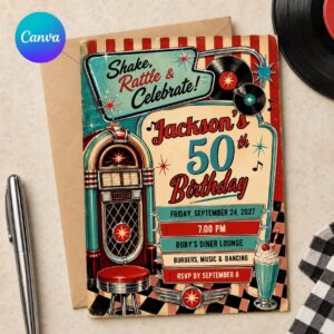 50th Birthday Invitation, Retro Diner Rock and Roll Party Invite, Jukebox 1950s Adult Printable Editable, Canva Template