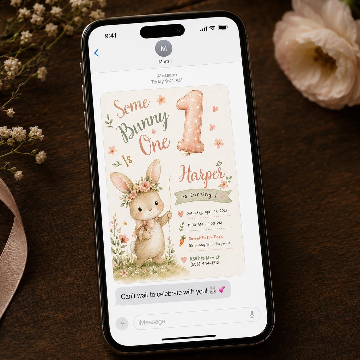 Some Bunny Is One Invitation, Girl First Birthday Invite, Floral Rabbit Spring Party Printable Editable, Canva Template - Image 3