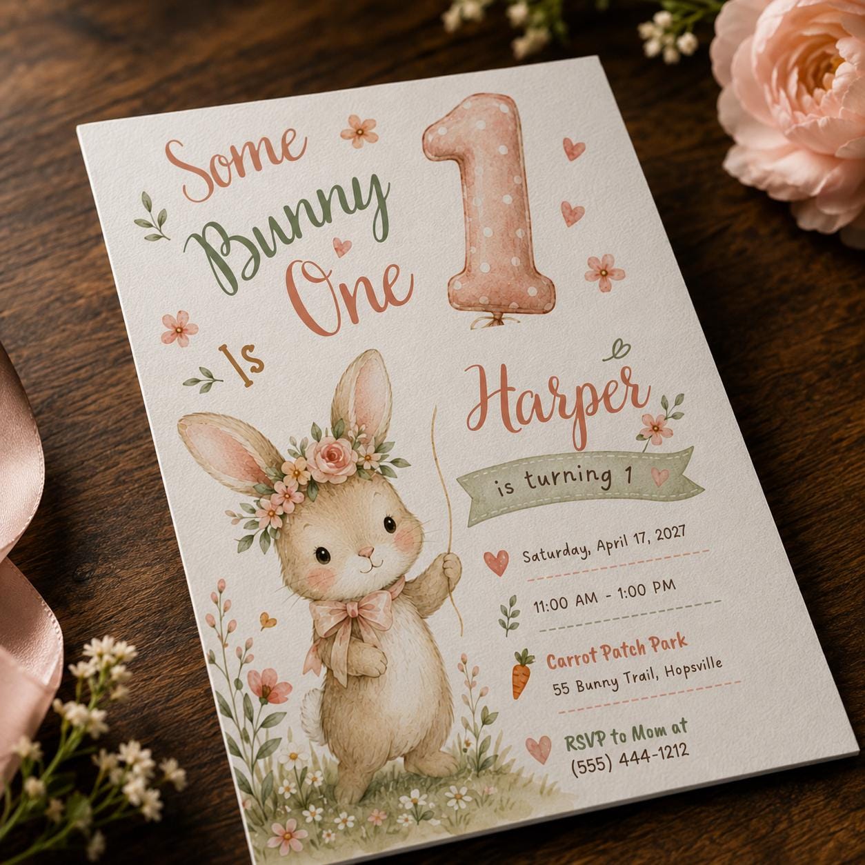 Some Bunny Is One Invitation, Girl First Birthday Invite, Floral Rabbit Spring Party Printable Editable, Canva Template - Image 6