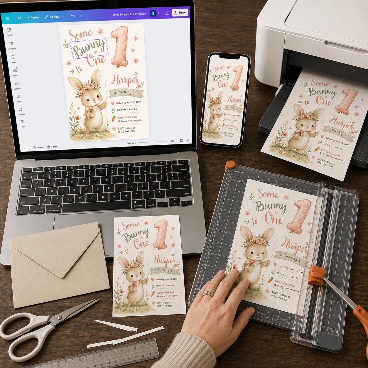 Some Bunny Is One Invitation, Girl First Birthday Invite, Floral Rabbit Spring Party Printable Editable, Canva Template - Image 5