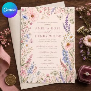 Wildflower Wedding Invitation, Romantic Garden Floral Butterfly Invite, Editable Watercolor Printable, Canva Template