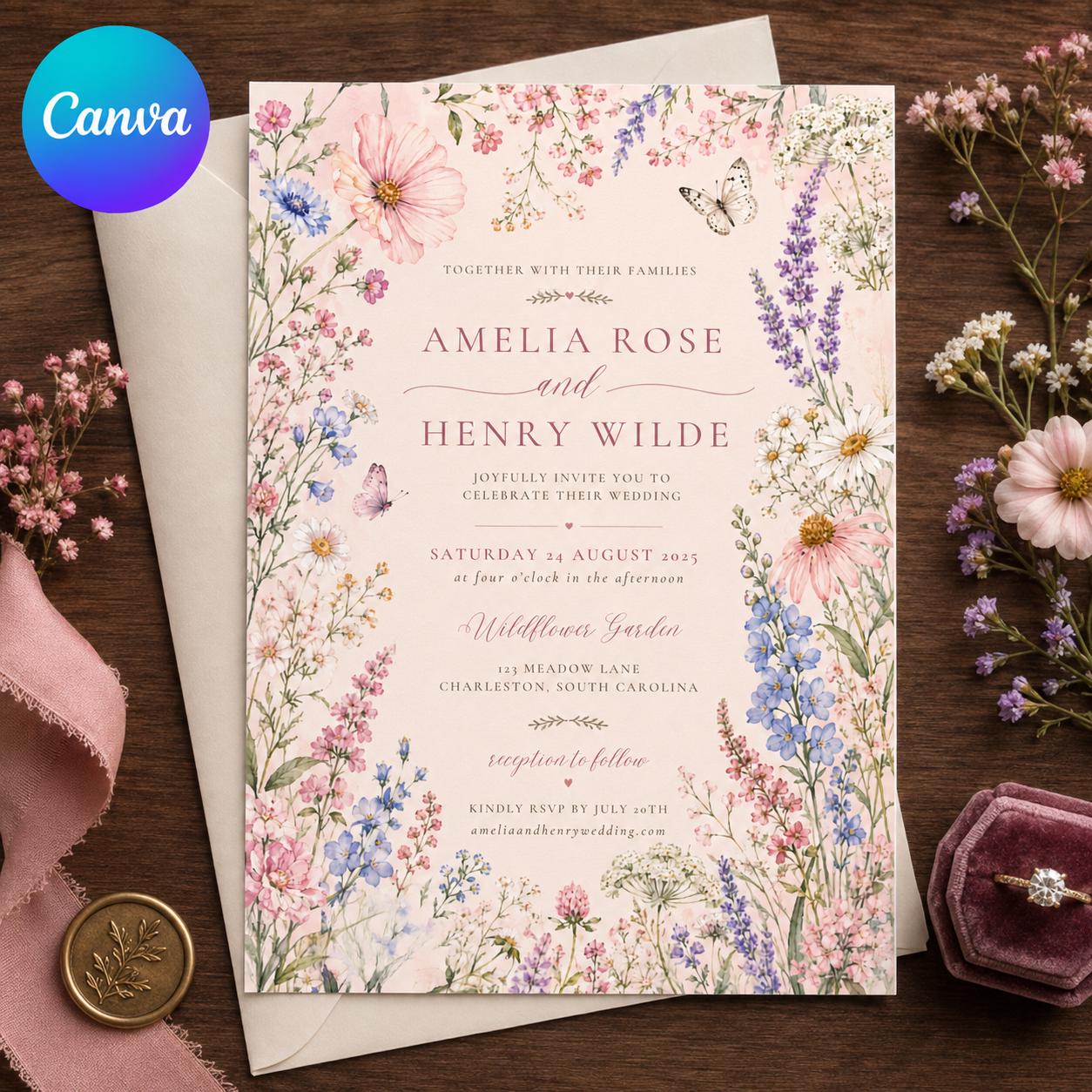 Wildflower Wedding Invitation, Romantic Garden Floral Butterfly Invite, Editable Watercolor Printable, Canva Template