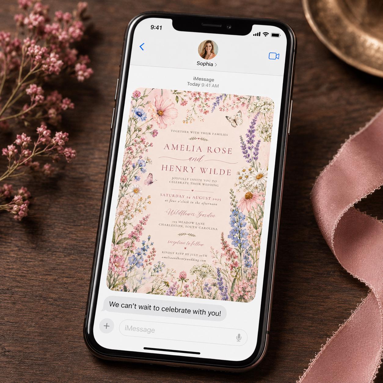 Wildflower Wedding Invitation, Romantic Garden Floral Butterfly Invite, Editable Watercolor Printable, Canva Template - Image 3