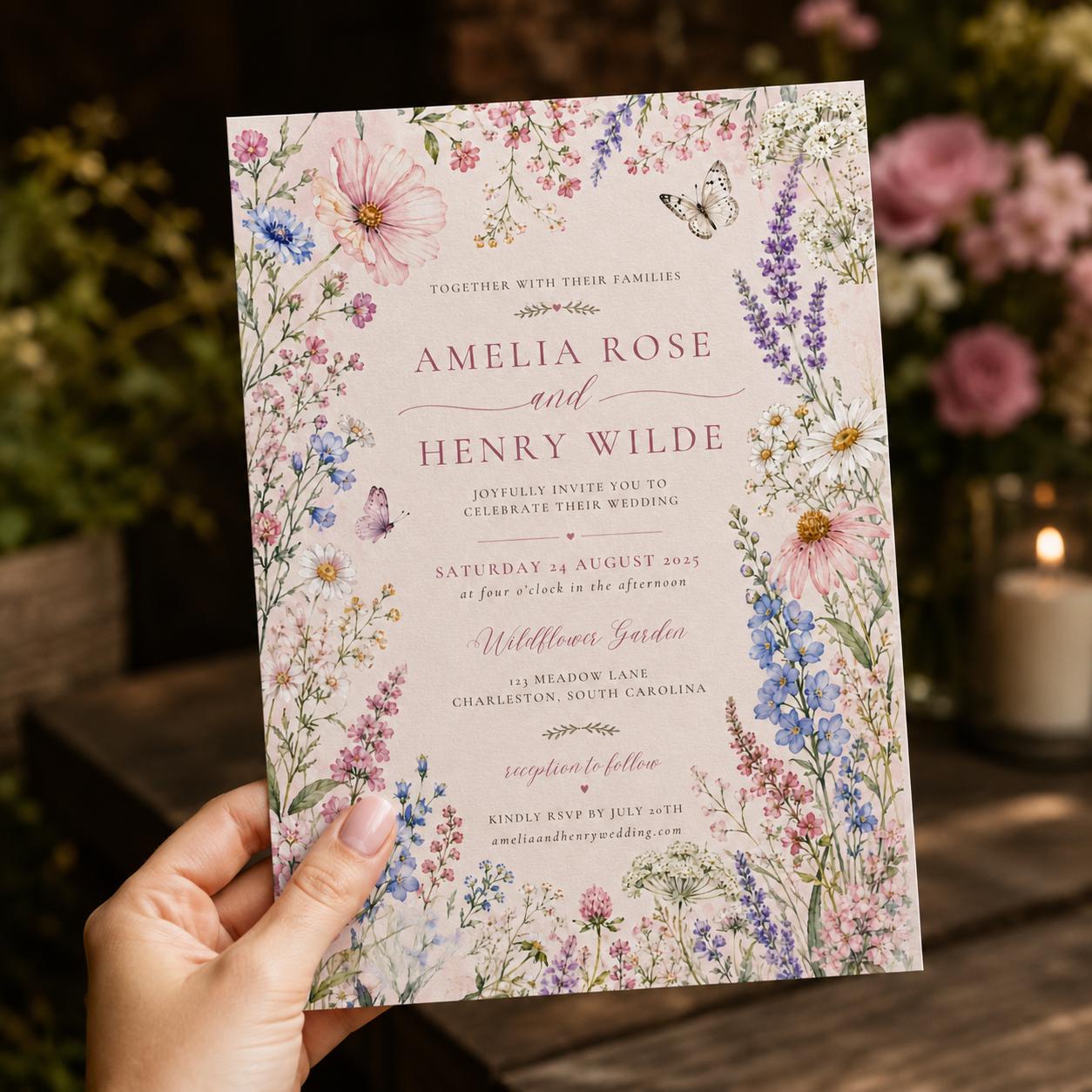 Wildflower Wedding Invitation, Romantic Garden Floral Butterfly Invite, Editable Watercolor Printable, Canva Template - Image 4