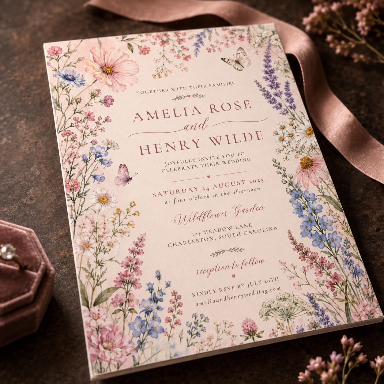 Wildflower Wedding Invitation, Romantic Garden Floral Butterfly Invite, Editable Watercolor Printable, Canva Template - Image 6