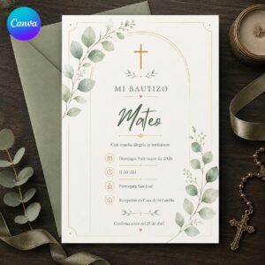 Spanish Baptism Invitation, Editable Mi Bautizo Invite, Sage Green Eucalyptus Gold Cross Printable, Canva Template