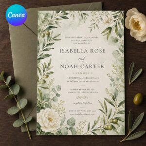 Greenery Wedding Invitation, Olive Branch Botanical Invite, Elegant Sage Garden Printable Editable, Canva Template