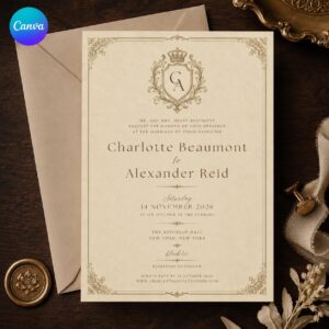 Monogram Wedding Invitation, Vintage Crest Black Tie Invite, Classic Old Money Formal Printable Editable, Canva Template