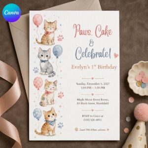 First Birthday Cat Invitation, Pink and Blue Watercolor Kitten Party, Editable Canva Template