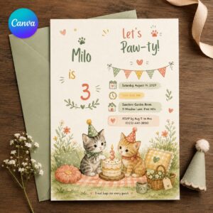 Cat Birthday Invitation, Lets Pawty Watercolor Kitten Picnic Party, Editable Canva Template