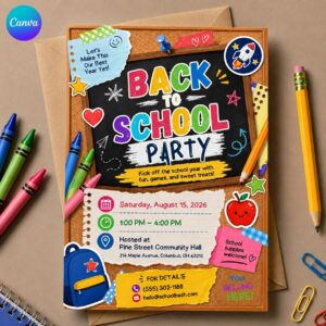 Back to School Party Invitation, Colorful Chalkboard School Year Kickoff Flyer, Editable Printable Canva Template
