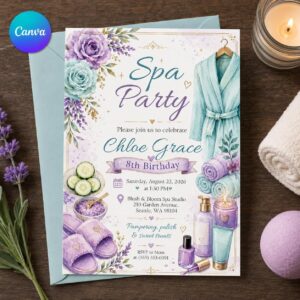 Girls Spa Birthday Invitation, 8th Birthday Pamper Party, Purple Teal Editable Printable Canva Template