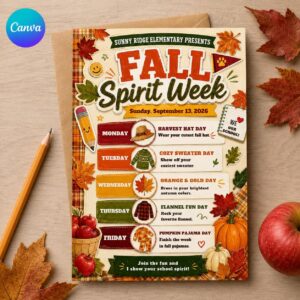Fall Spirit Week Flyer, School Dress Up Days Schedule, Editable Autumn Event Poster Canva Template