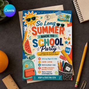 End of Summer Back to School Invitation, So Long Summer Kids Party, Editable Printable Canva Template