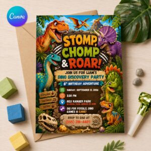 Dinosaur Birthday Invitation, Stomp Chomp Roar 6th Birthday Party, Colorful T Rex Jungle Invite, Editable Canva Template