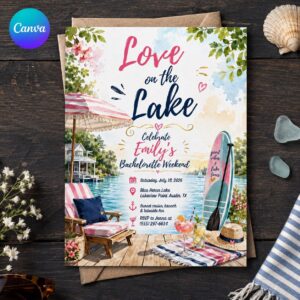 Lake Bachelorette Invitation, Love on the Lake Weekend, Nautical Bride Getaway Party, Editable Canva Template