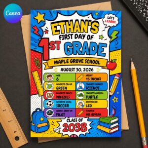 First Day of First Grade Sign, Personalized Back to School Photo Prop, Colorful Student Milestone Canva Template