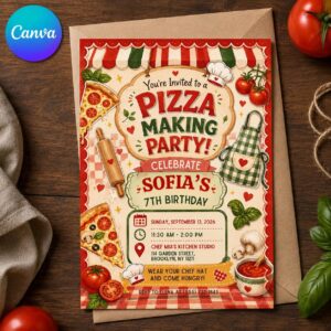 Pizza Making Party Invitation, Kids Cooking Birthday Invite, Editable Canva Template