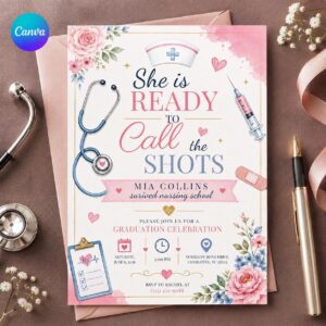 Nursing Graduation Invitation, Ready to Call the Shots RN Nurse Party Invite, Editable Canva Template