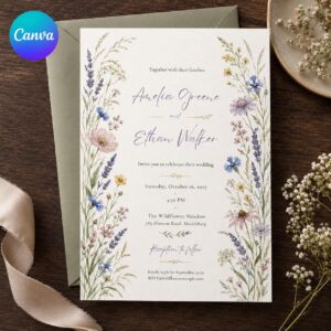 Wildflower Wedding Invitation, Watercolor Meadow Floral Wedding Invite, Editable Printable Canva Template
