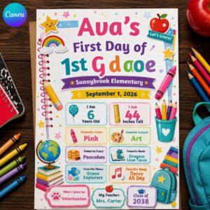 First Day of First Grade Sign, Editable Back to School Milestone Poster, Printable Photo Prop Canva Template