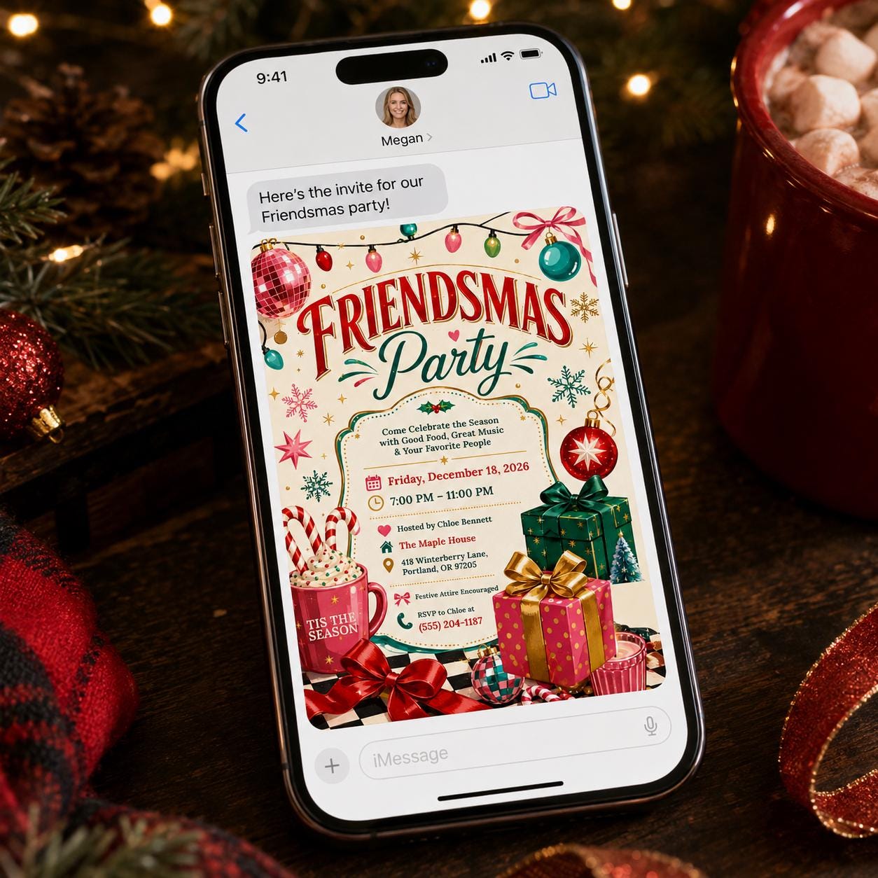 Friendsmas Party Invitation, Retro Christmas Holiday Party Invite, Editable Printable Canva Template - Image 6