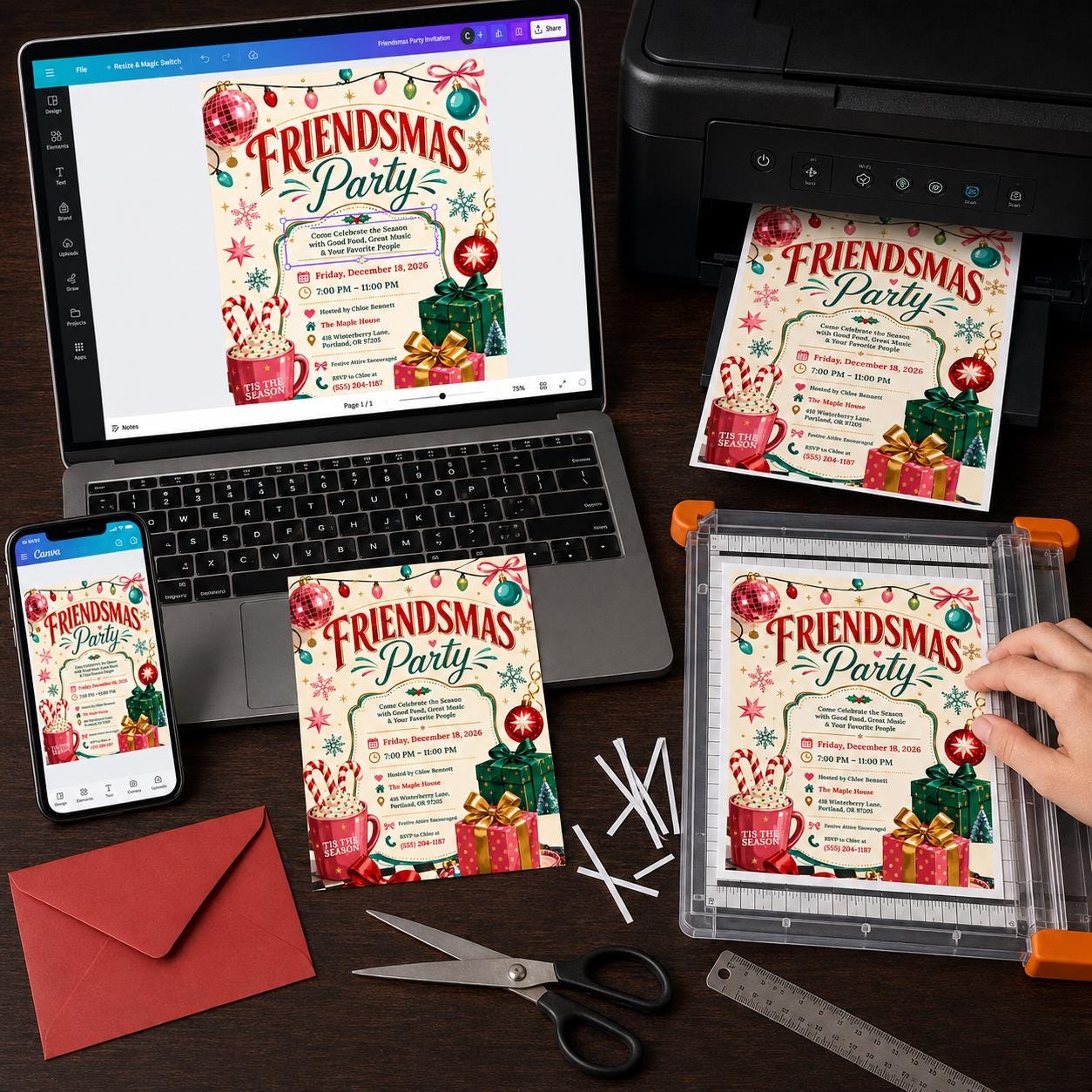 Friendsmas Party Invitation, Retro Christmas Holiday Party Invite, Editable Printable Canva Template - Image 4
