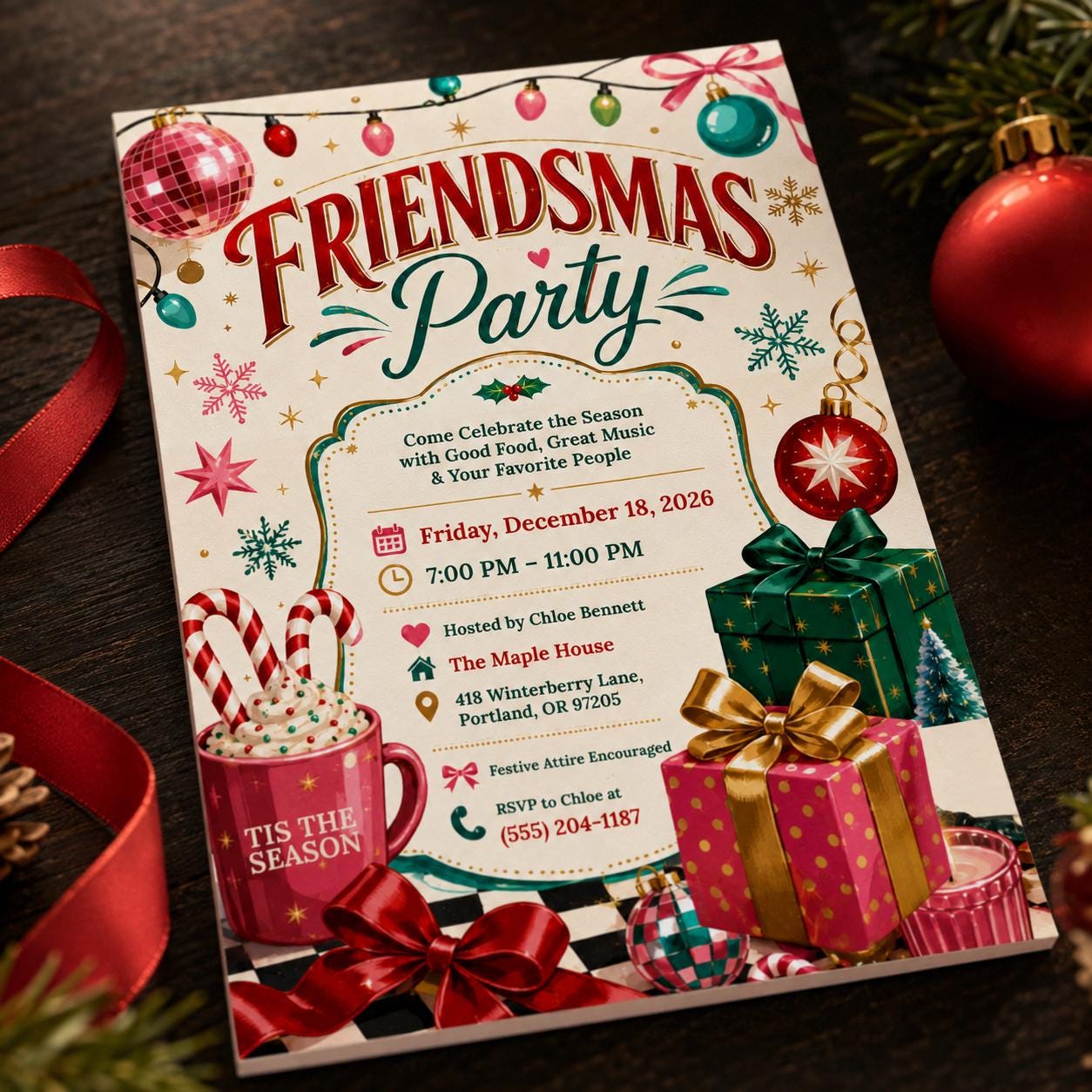 Friendsmas Party Invitation, Retro Christmas Holiday Party Invite, Editable Printable Canva Template - Image 5