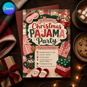 Christmas Pajama Party Invitation, Holiday PJ Sleepover Invite, Cozy Girls Night Printable, Editable Canva Template