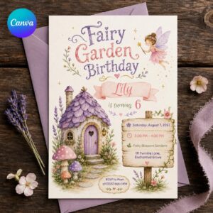 Fairy Garden Birthday Invitation, Enchanted 6th Birthday Girl Party, Watercolor Woodland Invite, Editable Canva Template