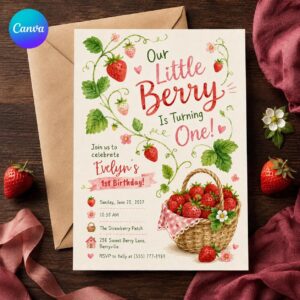 Strawberry First Birthday Invitation, Berry First Birthday Girl Invite, Watercolor Picnic Party, Editable Canva Template