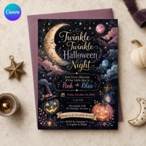 Twinkle Twinkle Halloween Gender Reveal Invitation, Moon Stars Pink or Blue Party Invite, Editable Canva Template