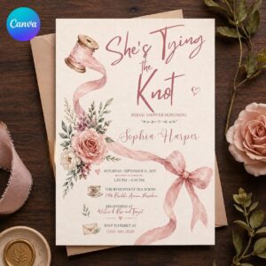 Tying the Knot Bridal Shower Invitation, Pink Bow Floral Tea Party Invite, Editable Canva Template