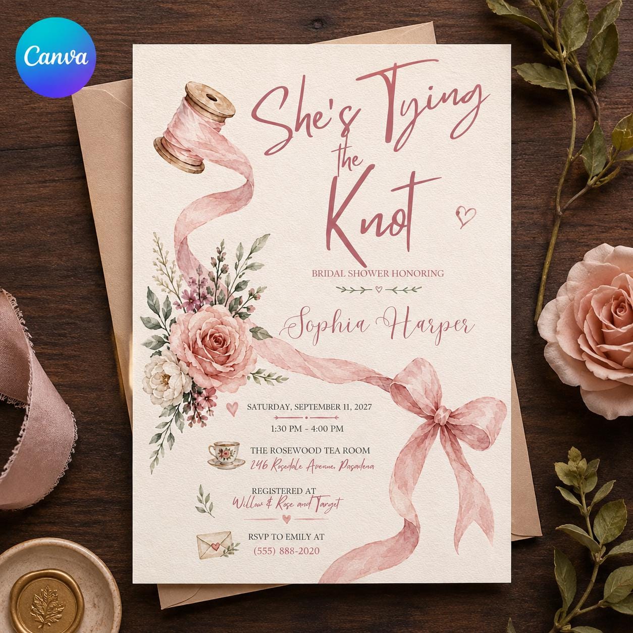 Tying the Knot Bridal Shower Invitation, Pink Bow Floral Tea Party Invite, Editable Canva Template