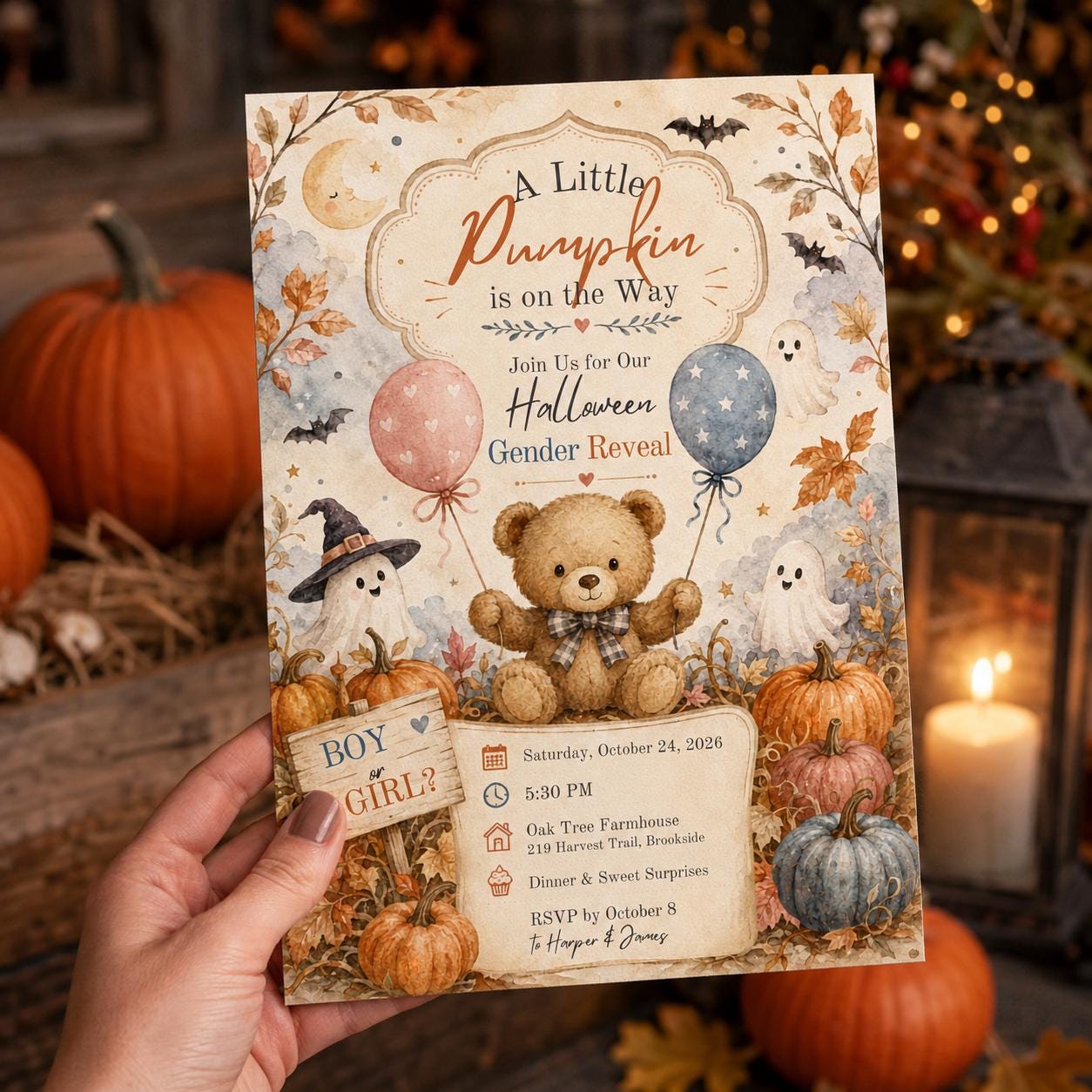 Halloween Gender Reveal Invitation, Teddy Bear Little Pumpkin Boy or Girl Party Invite, Editable Canva Template - Image 6