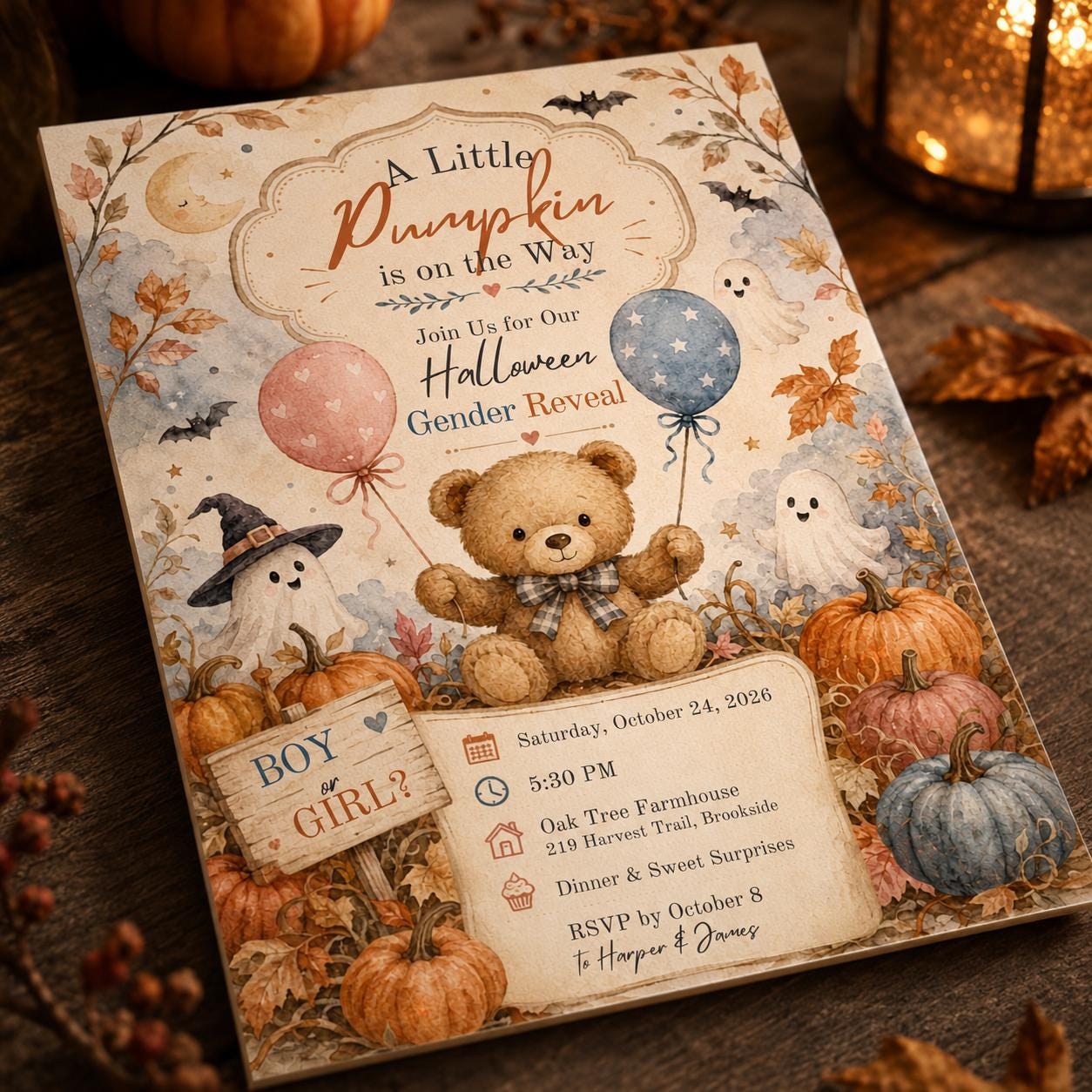 Halloween Gender Reveal Invitation, Teddy Bear Little Pumpkin Boy or Girl Party Invite, Editable Canva Template - Image 4