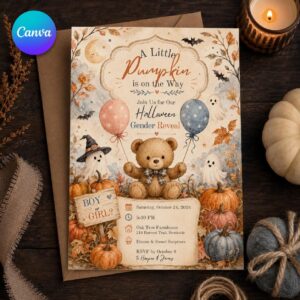 Halloween Gender Reveal Invitation, Teddy Bear Little Pumpkin Boy or Girl Party Invite, Editable Canva Template