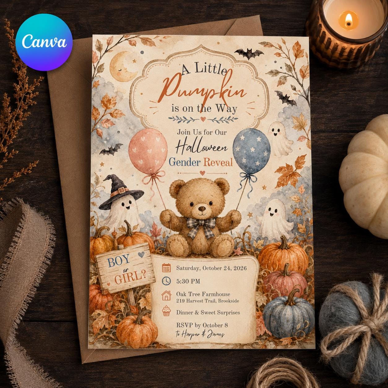 Halloween Gender Reveal Invitation, Teddy Bear Little Pumpkin Boy or Girl Party Invite, Editable Canva Template