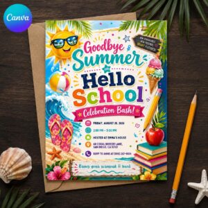 Goodbye Summer Hello School Invitation, Back to School Pool Party, End of Summer Bash, Editable Canva Template