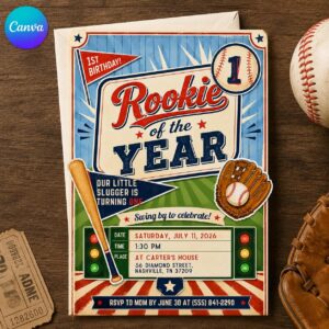 Rookie of the Year First Birthday Invitation, Vintage Baseball Boy Party, Little Slugger Invite, Canva Template