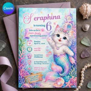 Mermaid Cat Birthday Invitation, Purrfect Under the Sea Girl Party, 6th Birthday Invite, Editable Canva Template