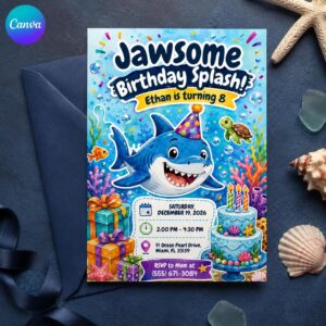 Shark Birthday Invitation, Jawsome 8th Birthday Ocean Party Invite, Editable Printable Canva Template