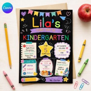 First Day of Kindergarten Sign, Chalkboard Back to School Milestone Poster, Editable Printable Canva Template