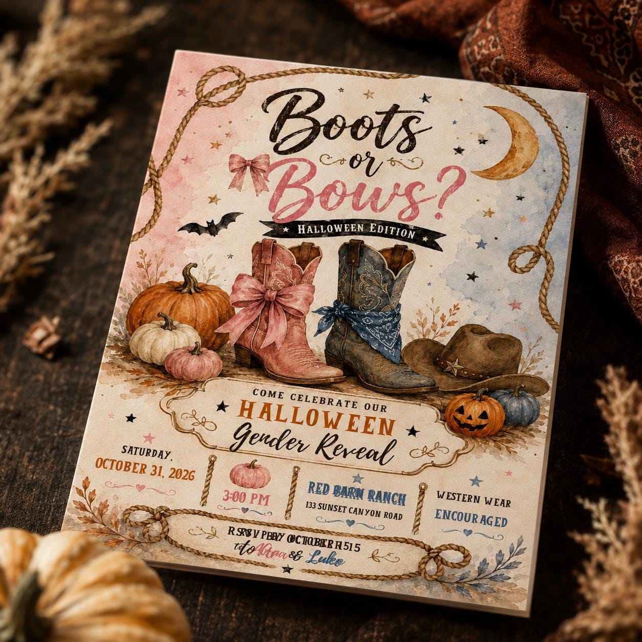 Boots or Bows Halloween Gender Reveal Invitation, Western Cowboy Pumpkin Party Invite, Editable Printable Canva Template - Image 3