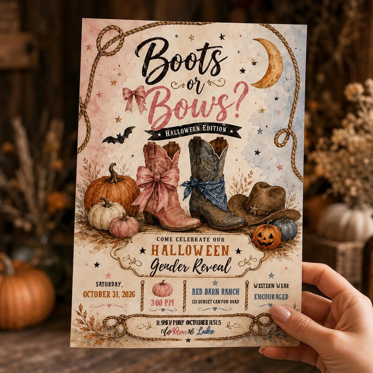 Boots or Bows Halloween Gender Reveal Invitation, Western Cowboy Pumpkin Party Invite, Editable Printable Canva Template - Image 5