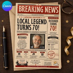 70th Birthday Newspaper Invitation, Vintage Breaking News Party Invite for Him, Editable Canva Template