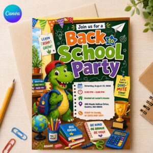 Dinosaur Back to School Party Invitation, First Day Celebration Invite for Kids, Editable Canva Template